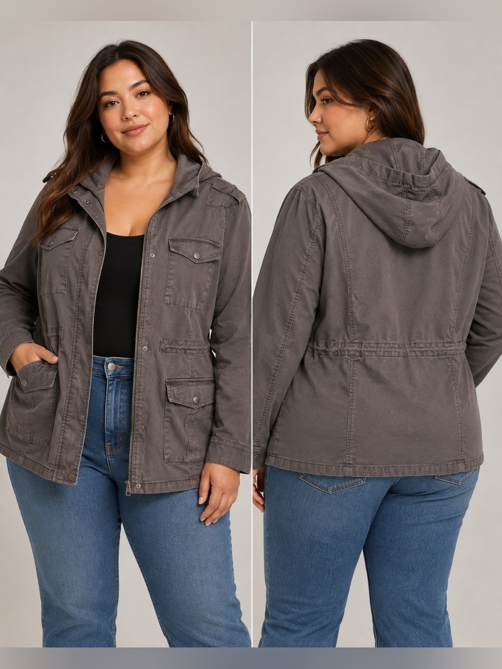 Market & Spruce Kathleen Utility Jacket Women’s 2X Gray Hooded Cargo Plus